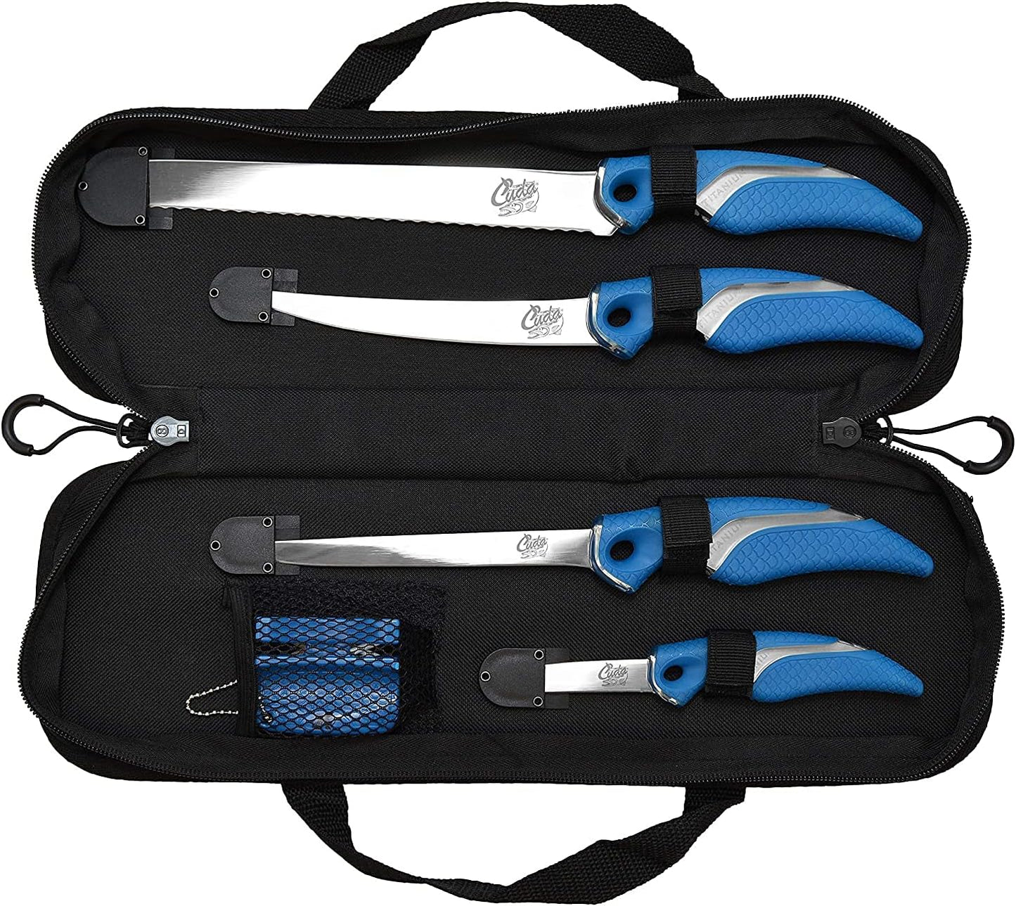 CUDA 6 PIECE KNIFE SET / INCLUDES 4 KNIVES, SHARPENER & BALLISTIC NYLON CASE
