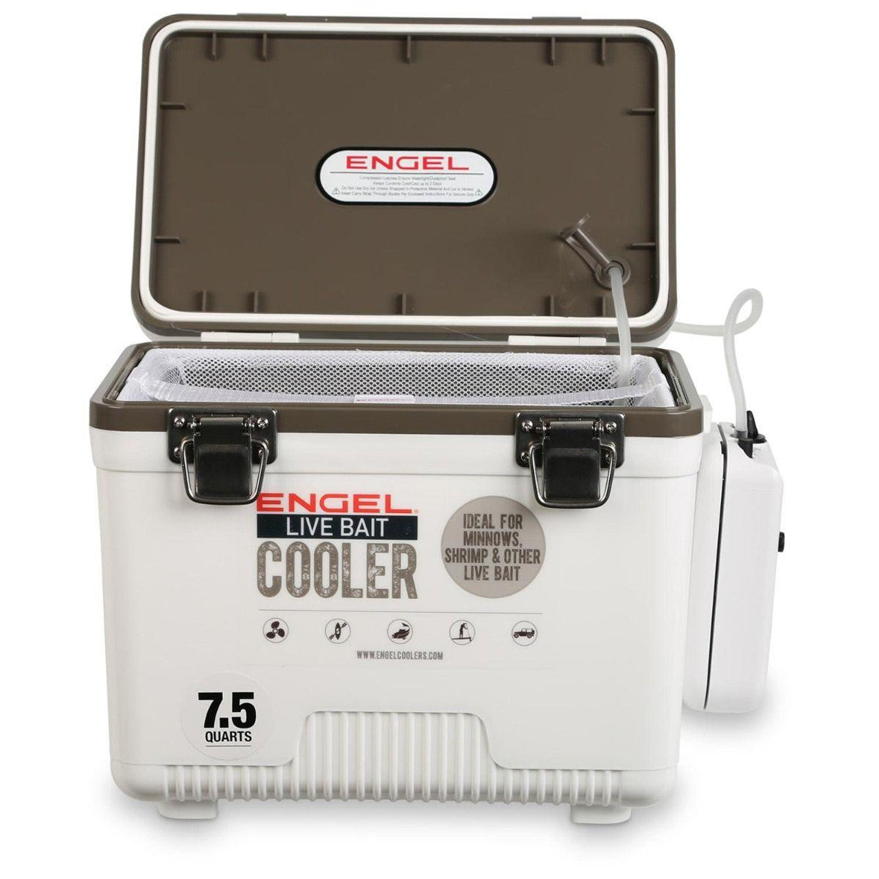 Engel Live Bait Cooler White - 2x2 Aerator Pump, Air Tube, Air Stone, DC Cord, Shoulder Strap & NET, Rod Holder