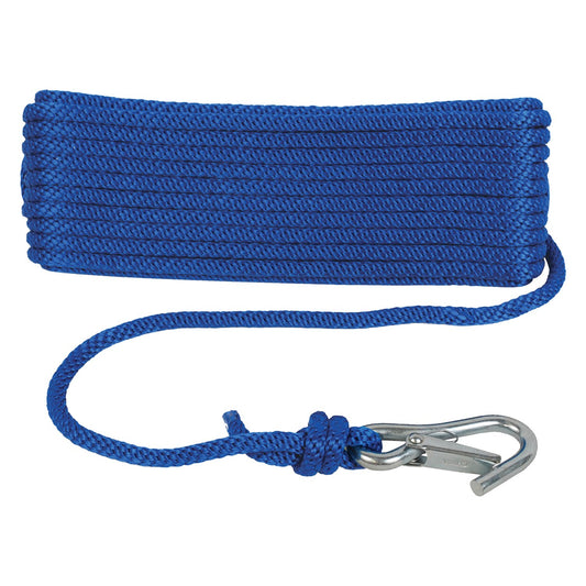 Attwood 11741-7 Solid Braid Multifilament Polypropylene Anchor Line with Spring Hook 3/8-Inch x 50-Feet, blue