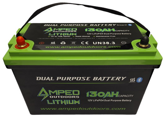 Amped 130Ah Dual Purpose Lithium Battery (Cranking) 12.8V - Bluetooth - IP67 Waterproof - Heated