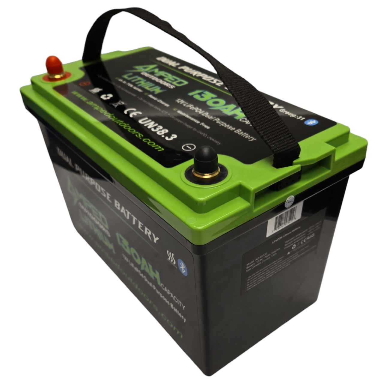 Amped 130Ah Dual Purpose Lithium Battery (Cranking) 12.8V - Bluetooth - IP67 Waterproof - Heated