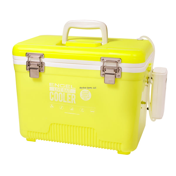 Engel Live Bait Cooler - Aerator Pump, Air Tube, Air Stone, DC Cord, Shoulder Strap & NET, Rod Holder - Yellow