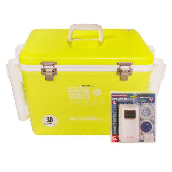Engel Live Bait Cooler - Aerator Pump, Air Tube, Air Stone, DC Cord, Shoulder Strap & NET, Rod Holder - Yellow