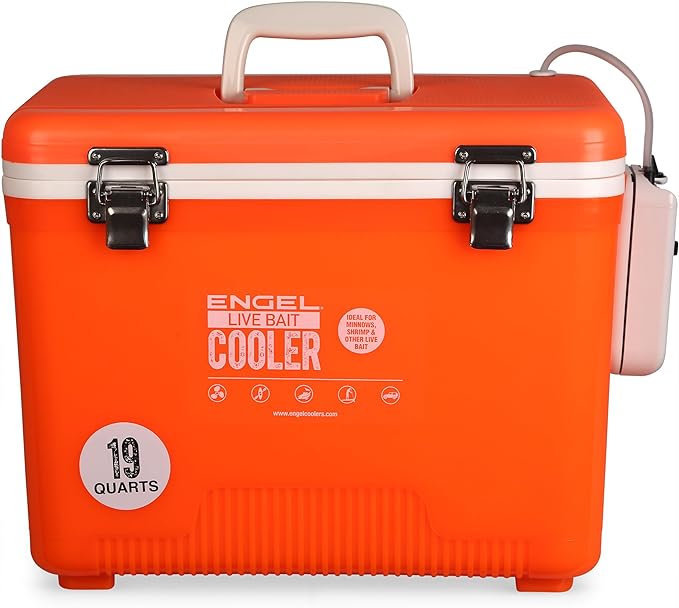 Engel Live Bait Cooler - 2x2 Aerator Pump, Air Tube, Air Stone, DC Cord, Shoulder Strap & NET - Orange
