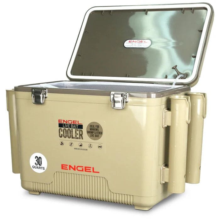 Engel Live Bait Pro Cooler with AP3 Rechargeable Aerator & Stainless Hardware - TAN