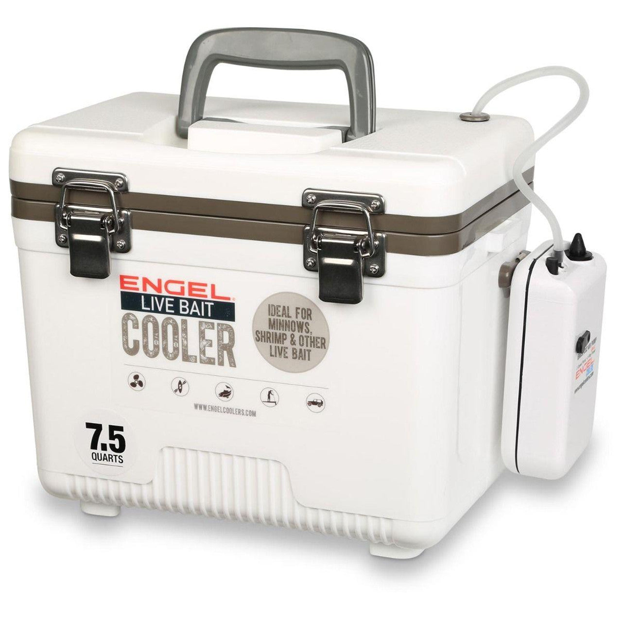 Engel Live Bait Cooler White - 2x2 Aerator Pump, Air Tube, Air Stone, DC Cord, Shoulder Strap & NET, Rod Holder