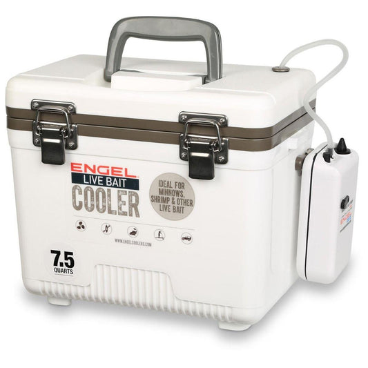 Engel Live Bait Cooler White - 2x2 Aerator Pump, Air Tube, Air Stone, DC Cord, Shoulder Strap & NET, Rod Holder