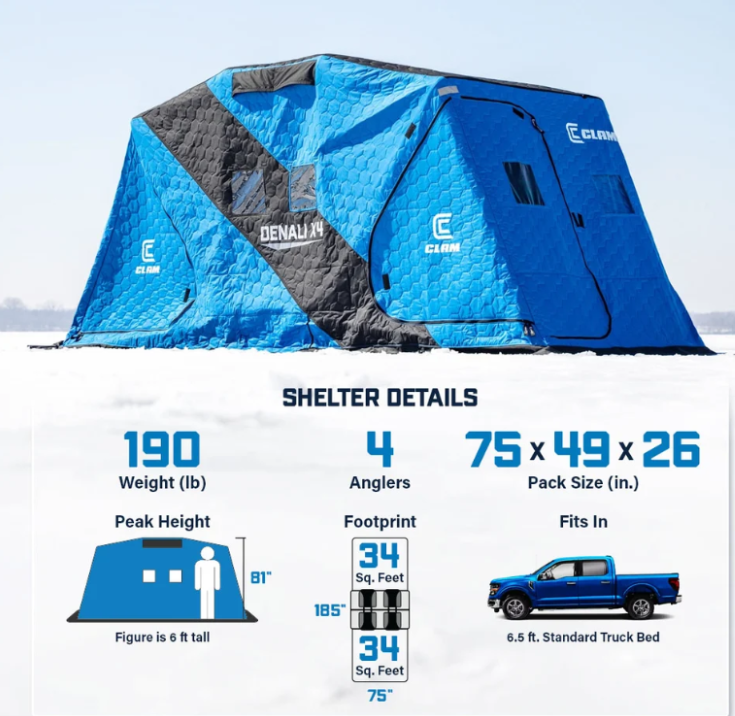 Clam Denali X4 Thermal Insulated 4-Person Ice Fishing Shelter
