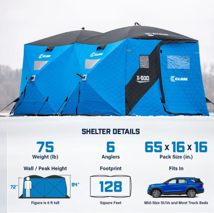 Clam X-800 Thermal Insulated 6-Sided Double Hub Ice Fishing Shelter