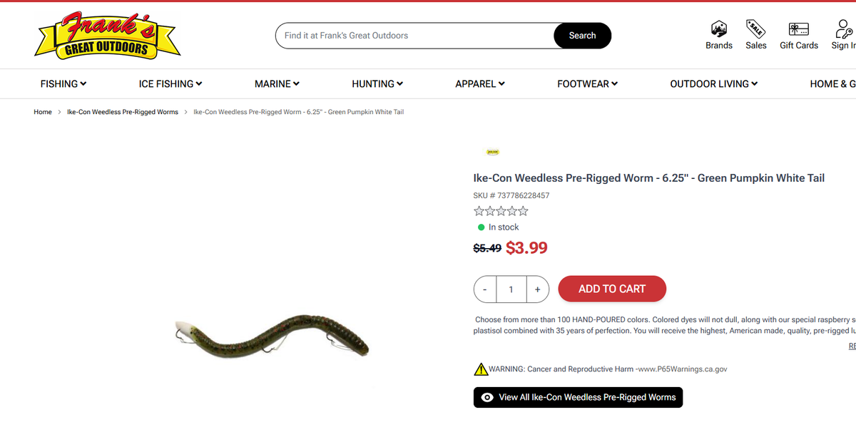 Ike-Con Weedless Pre-Rigged Worm 6.25 inch Green Pumpkin White Tail IC22845