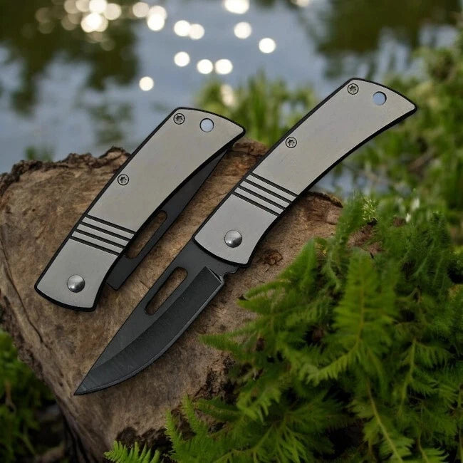 Folding Knife | 2.5" Black Blade Silver Stainless Steel Handle Slim Mini EDC