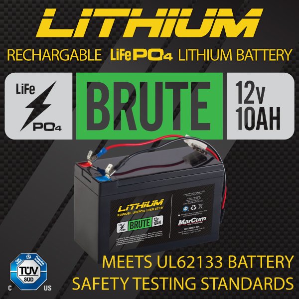 MarCum Lithium 12V 10AH LiFePO4 Brute Battery and 3amp Charger Kit
