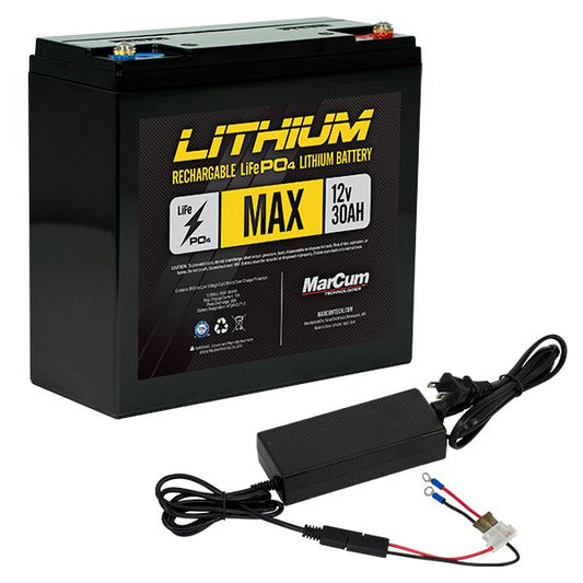 MarCum Lithium 12V 30AH LiFePO4 Max Battery and 3amp Charger Kit