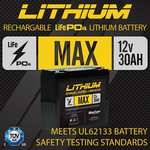 MarCum Lithium 12V 30AH LiFePO4 Max Battery and 3amp Charger Kit